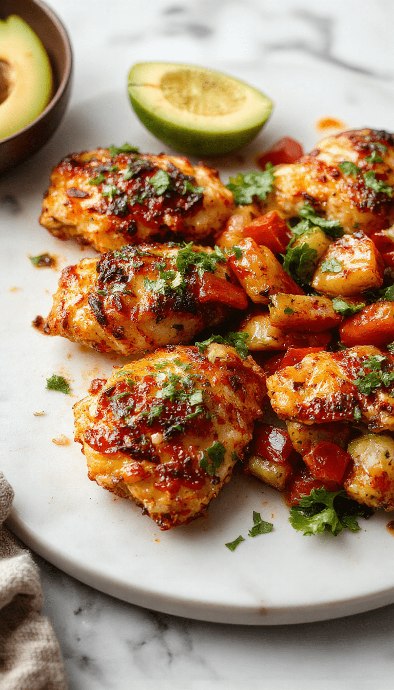 Colorful chicken fajitas on a rustic white plate with vibrant red and green bell peppers, caramelized onions, and sliced grilled chicken strips, garnished with fresh cilantro, served alongside lime wedges, with a backdrop of a wooden table and a cozy kitchen setting, showcasing a balanced mix of textures and bright colors.