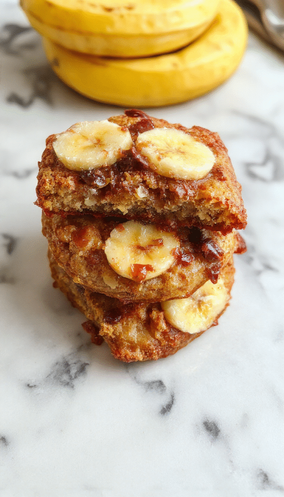 A golden-brown banana bread loaf topped with sliced bananas and a drizzle of caramel sauce, placed on a rustic wooden table with a foldable cloth in the background, styled with fresh bananas and a crusty exterior showing a moist interior.