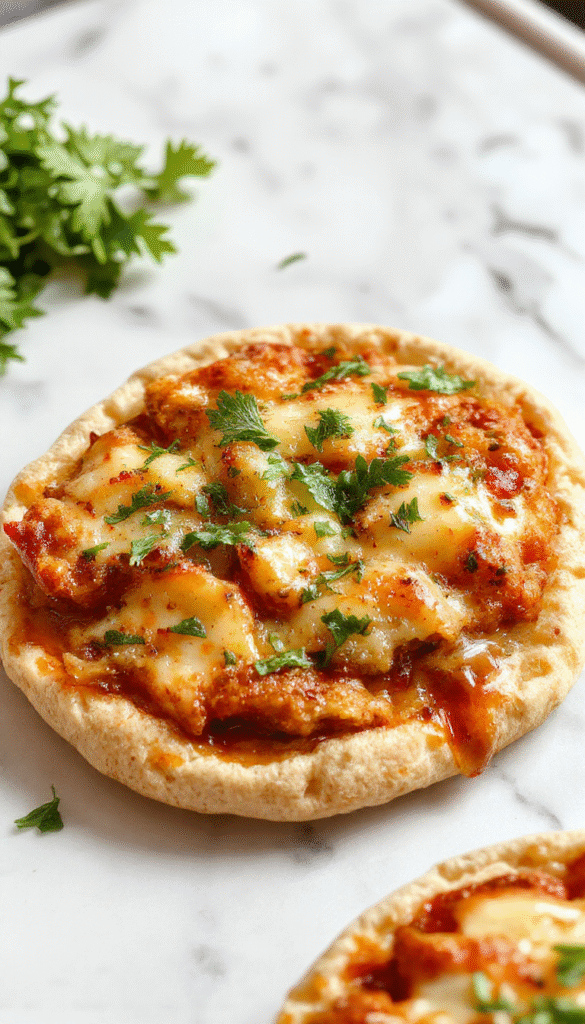 Colorful array of pita pizzas topped with vibrant vegetables, melted cheese, and fresh herbs on a rustic wooden table, styled for a casual, inviting meal