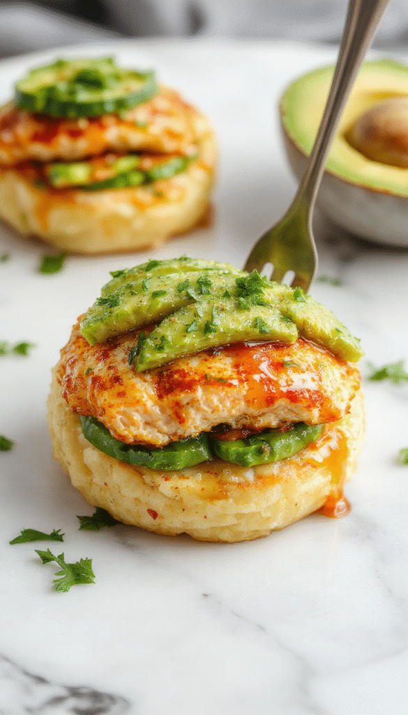 Colorful honey lime chicken slices layered with ripe avocado and fluffy rice arranged in stacked formation on a white plate, garnished with fresh cilantro and lime wedges, styled with vibrant vegetables and a drizzle of honey glaze, set against a rustic wooden background.