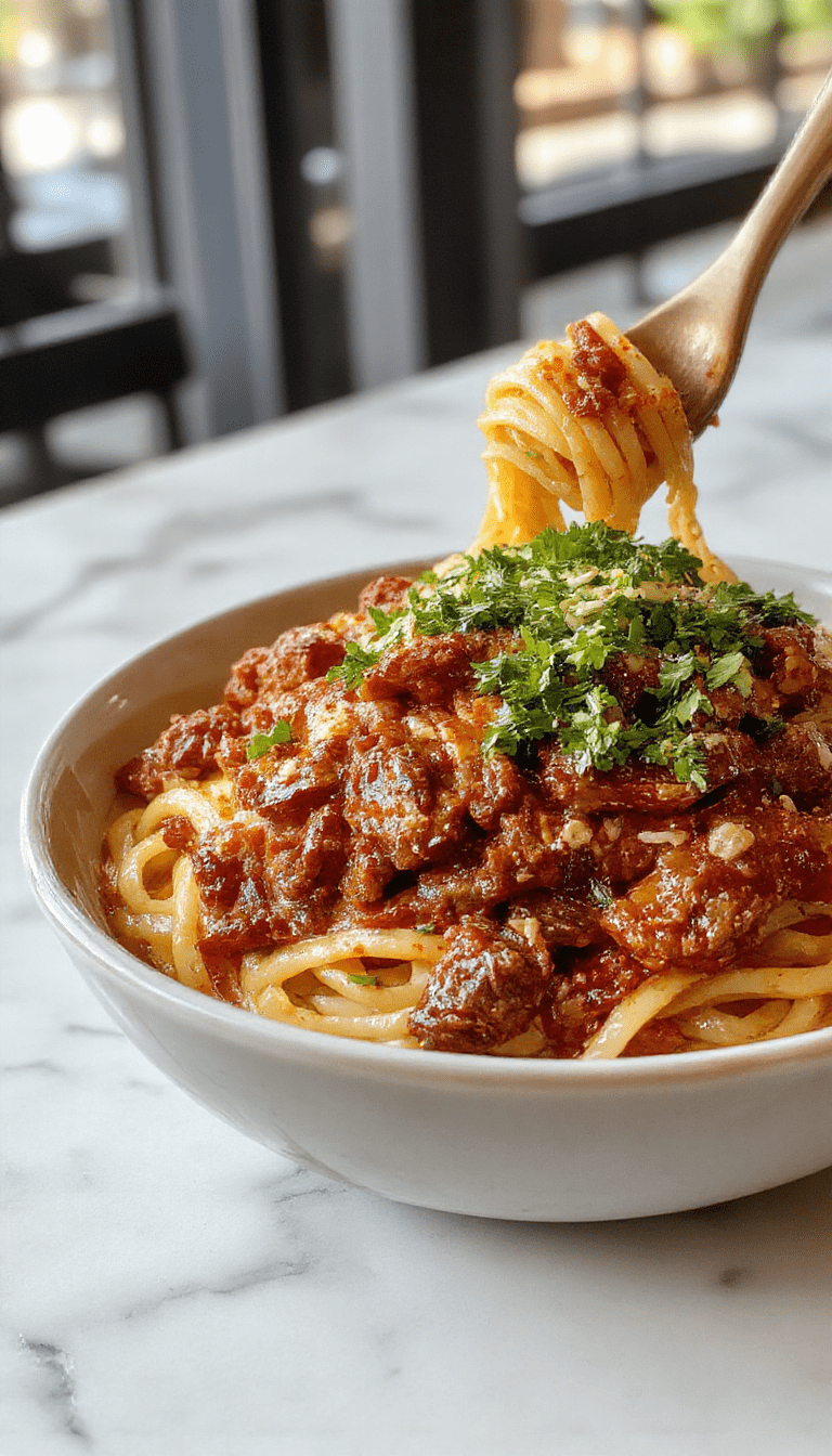 A vibrant bowl of Asian-style ground beef spaghetti featuring perfectly cooked spaghetti noodles topped with savory ground beef stir-fried with colorful bell peppers and green onions, garnished with sesame seeds and fresh herbs. The dish is styled on a rustic wooden table with a drizzle of soy glaze and a side of chopped vegetables, showcasing a harmonious blend of Asian flavors and Italian pasta textures.