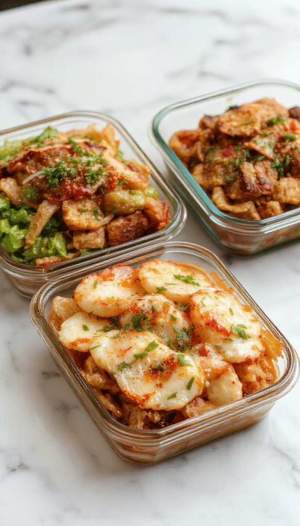 A colorful meal prep container filled with layered rice, vegetables, and protein, showcasing a vibrant and wholesome appearance with fresh greens and tender ingredients, neatly arranged on a rustic wooden table