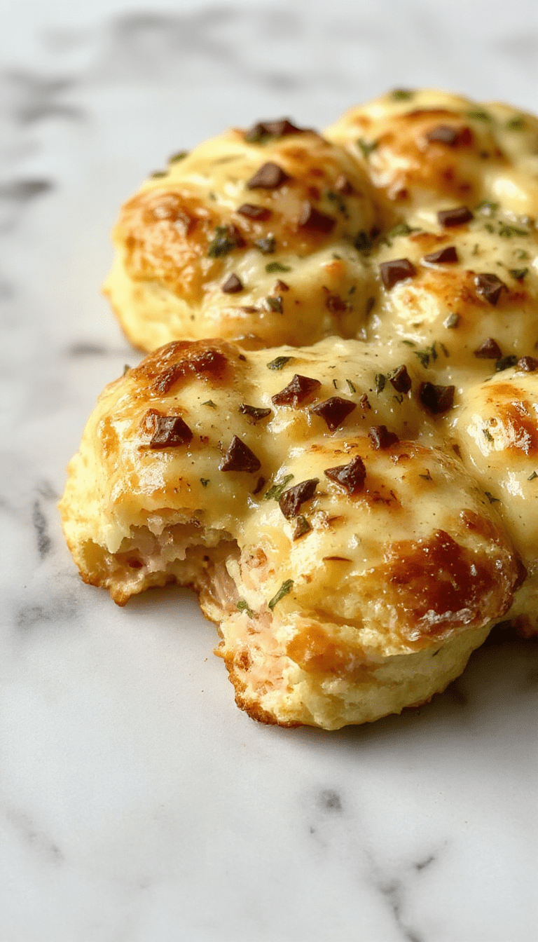 A colorful baked casserole with golden-brown biscuit pieces topped with melted cheese, pepperoni slices, and fresh herbs, arranged in a rustic white dish, with steam rising and a vibrant green garnish.