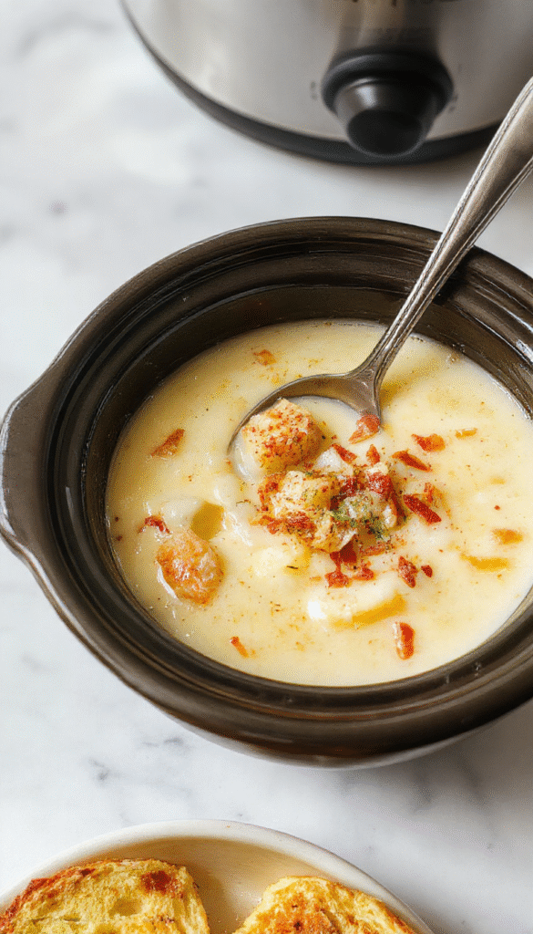 A creamy bowl of potato soup topped with shredded cheese and chopped herbs, surrounded by crispy hashbrowns on a rustic wooden table, with a spoon and a warm napkin.