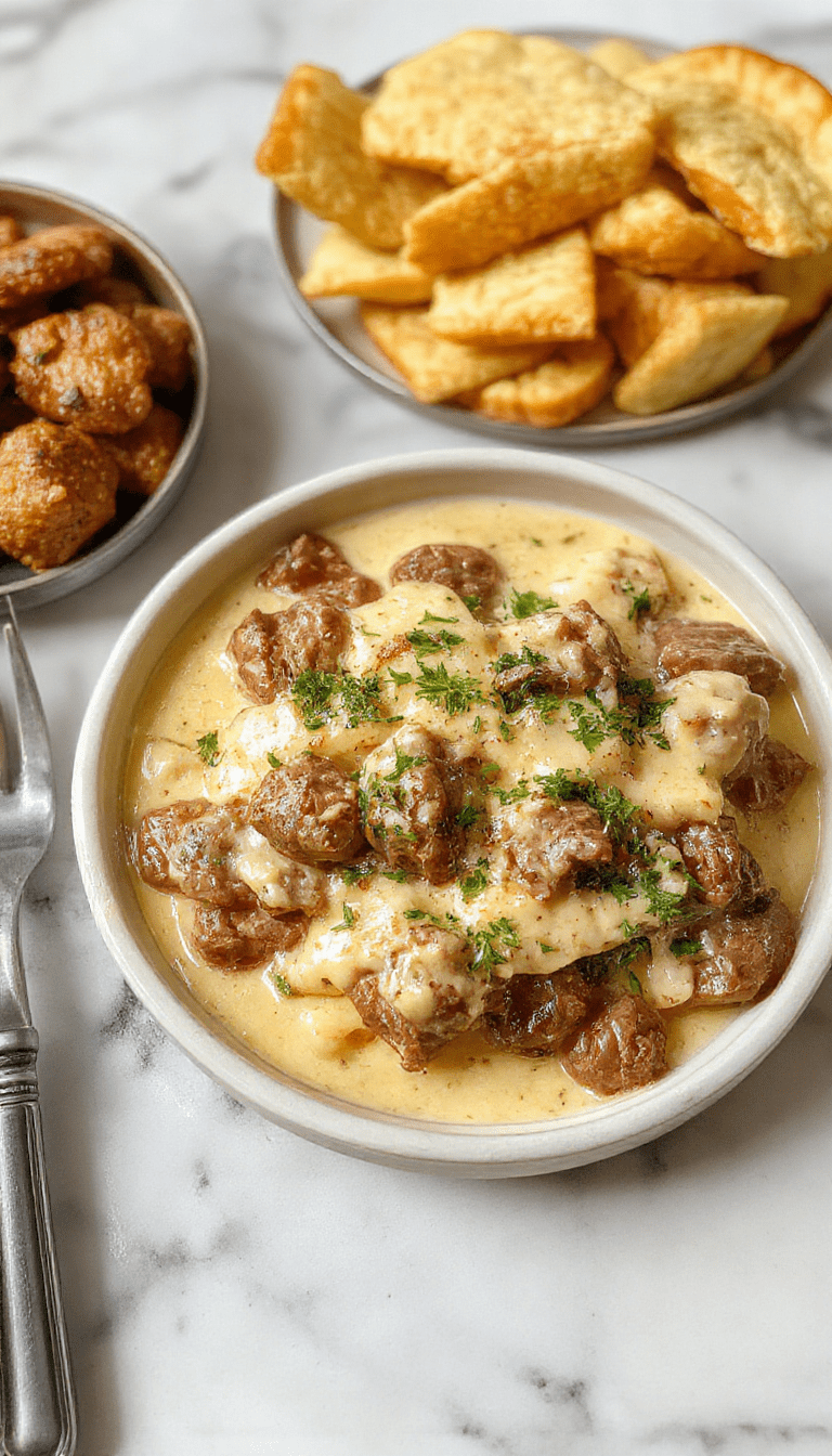 A close-up of a creamy beef stroganoff served in a rustic white bowl, topped with chopped parsley. The dish features tender ground beef in a rich, velvety mushroom gravy with swirls of sour cream visible. The background shows a wooden table with a spoon resting on a napkin, highlighting the warm, inviting textures and earthy colors of the dish.