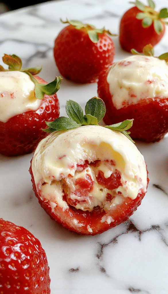 A vibrant close-up of ripe red strawberries halved and filled with creamy cheesecake filling, decorated with a drizzle of chocolate and a fresh mint leaf, arranged on a white plate with a blurred pastel background highlighting their glossy and luscious texture.