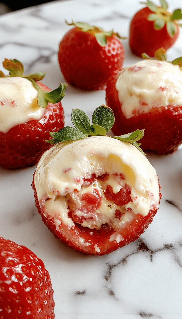 A vibrant close-up of ripe red strawberries halved and filled with creamy cheesecake filling, decorated with a drizzle of chocolate and a fresh mint leaf, arranged on a white plate with a blurred pastel background highlighting their glossy and luscious texture.