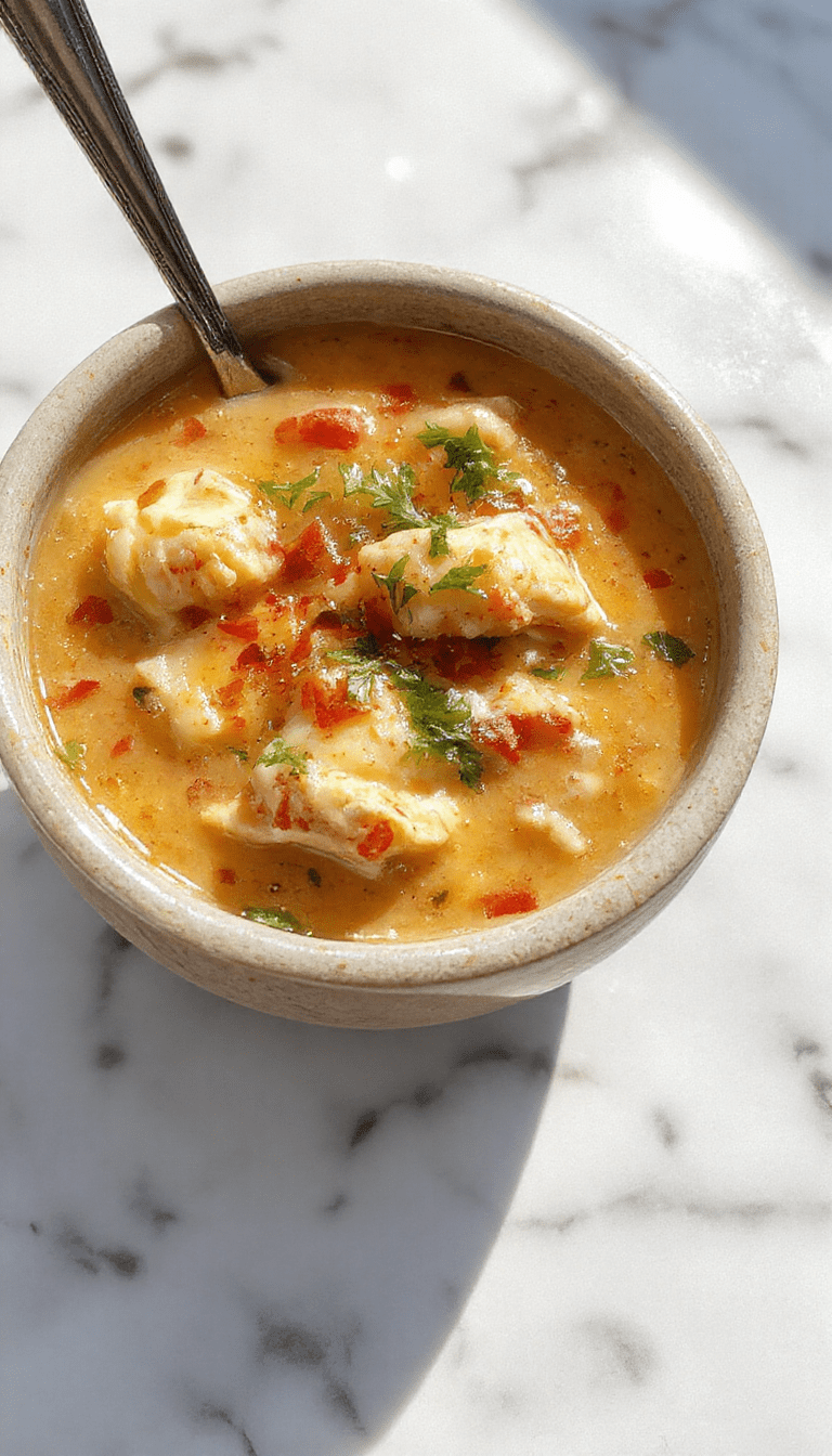 A bowl of creamy chicken enchilada soup topped with shredded cheese, fresh cilantro, and sliced jalapenos. The soup has a rich, orange-red color with chunks of chicken and melted cheese, garnished with a sprig of cilantro on a rustic wooden table with a spoon and a lime wedge beside it.