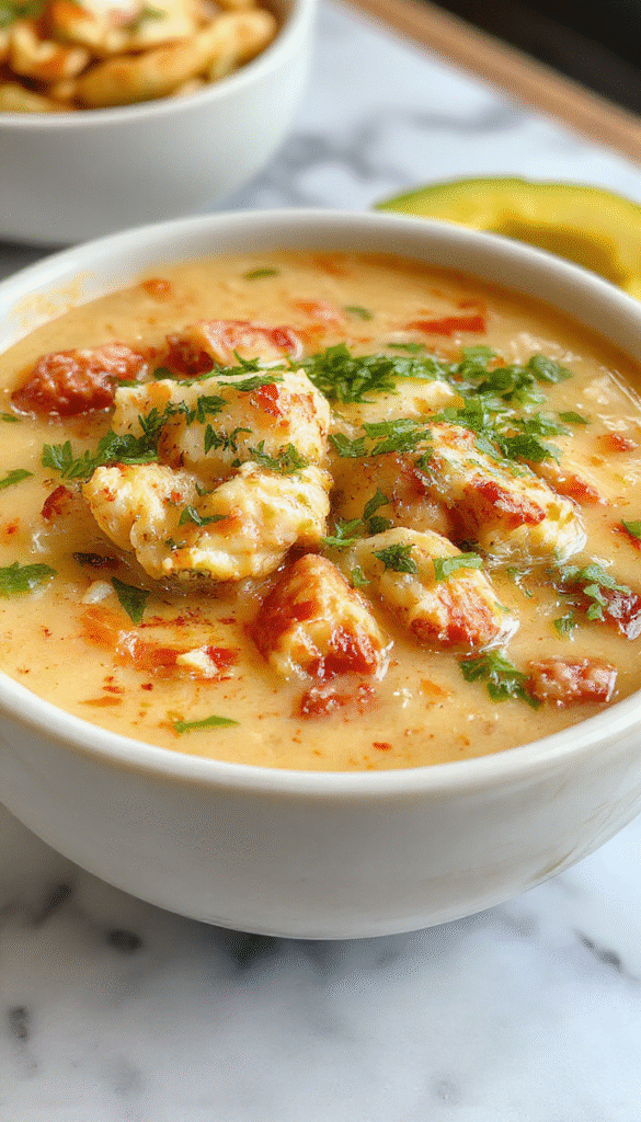 A steaming bowl of creamy chicken enchilada soup topped with shredded cheese, fresh cilantro, and sliced jalapenos on a rustic wooden table, with a spoon resting beside it, vibrant orange and green hues highlighting the hearty ingredients and smooth texture.