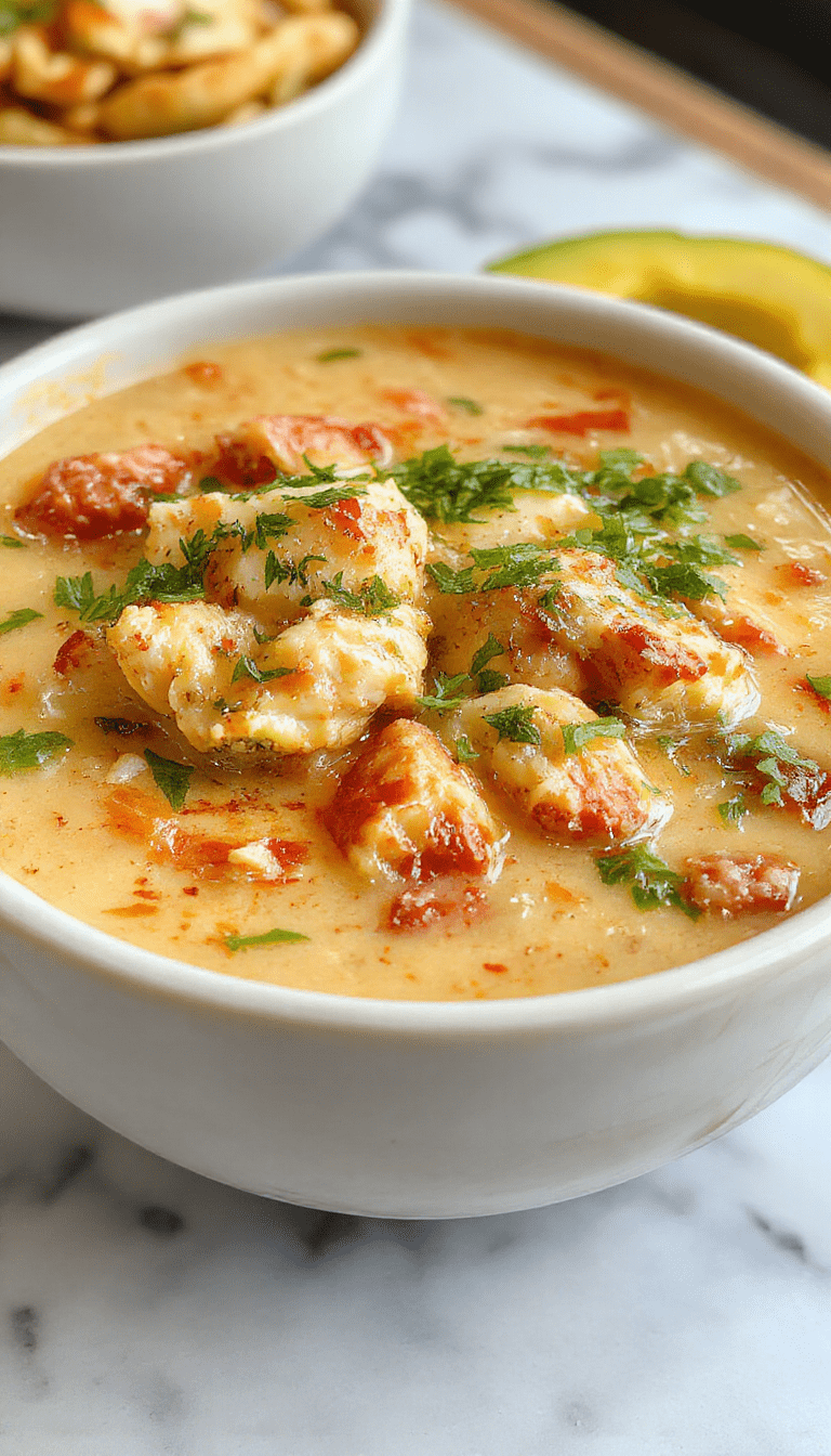A steaming bowl of creamy chicken enchilada soup topped with shredded cheese, fresh cilantro, and sliced jalapenos on a rustic wooden table, with a spoon resting beside it, vibrant orange and green hues highlighting the hearty ingredients and smooth texture.