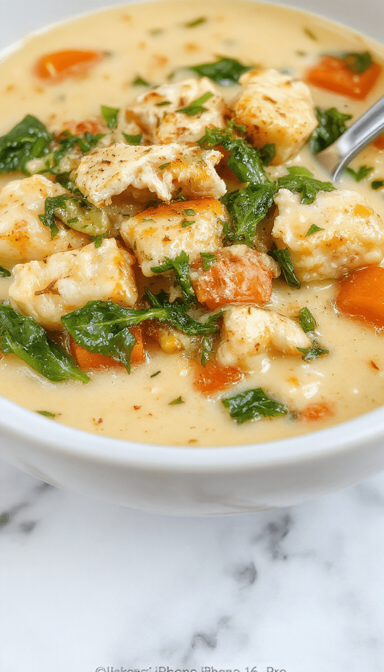 A vibrant bowl of creamy chicken pasta soup garnished with fresh spinach and sliced carrots, featuring tender chicken pieces, served in a white ceramic bowl on a rustic wooden table with a drizzle of cream and a sprinkle of herbs. The colorful vegetables contrast with the rich creamy broth, creating an inviting and hearty presentation.