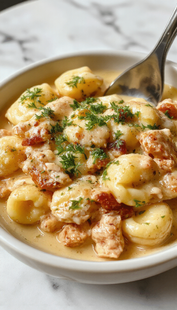 A vibrant plate of creamy chicken tortellini garnished with fresh herbs, served on a rustic wooden table. The tortellini are coated in a rich, glossy sauce, nestled alongside bright cherry tomatoes and spinach, with a sprinkle of parmesan cheese and black pepper, creating a colorful and appetizing presentation.