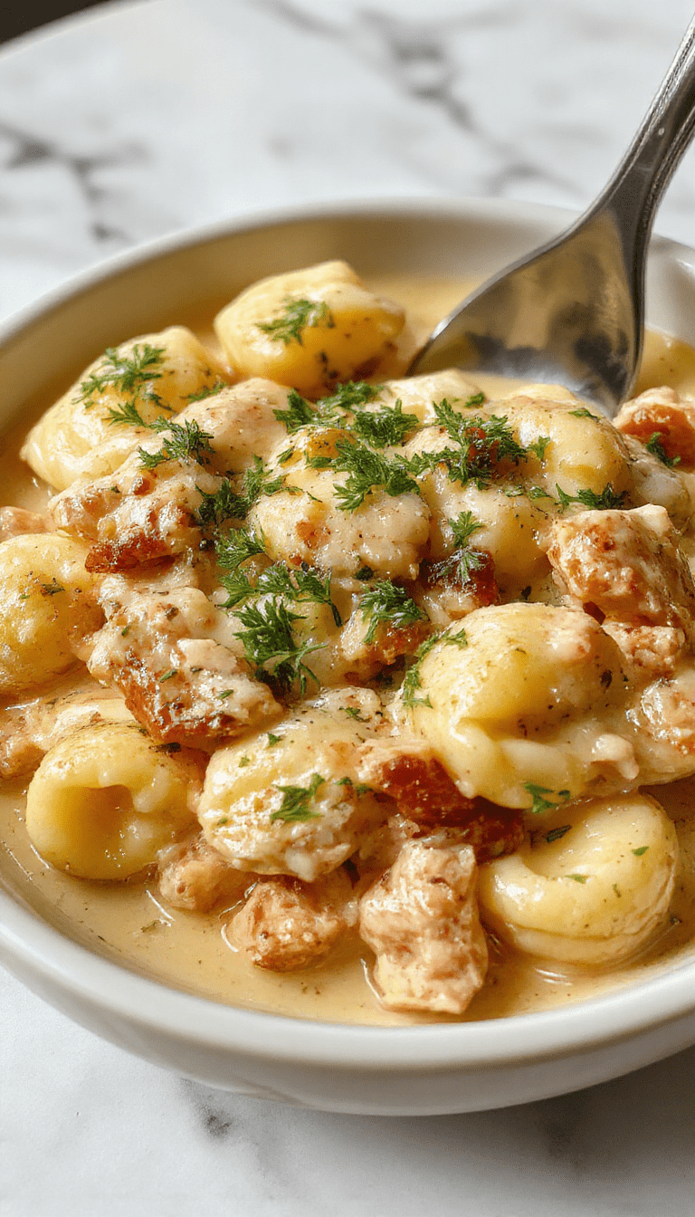 A vibrant plate of creamy chicken tortellini garnished with fresh herbs, served on a rustic wooden table. The tortellini are coated in a rich, glossy sauce, nestled alongside bright cherry tomatoes and spinach, with a sprinkle of parmesan cheese and black pepper, creating a colorful and appetizing presentation.