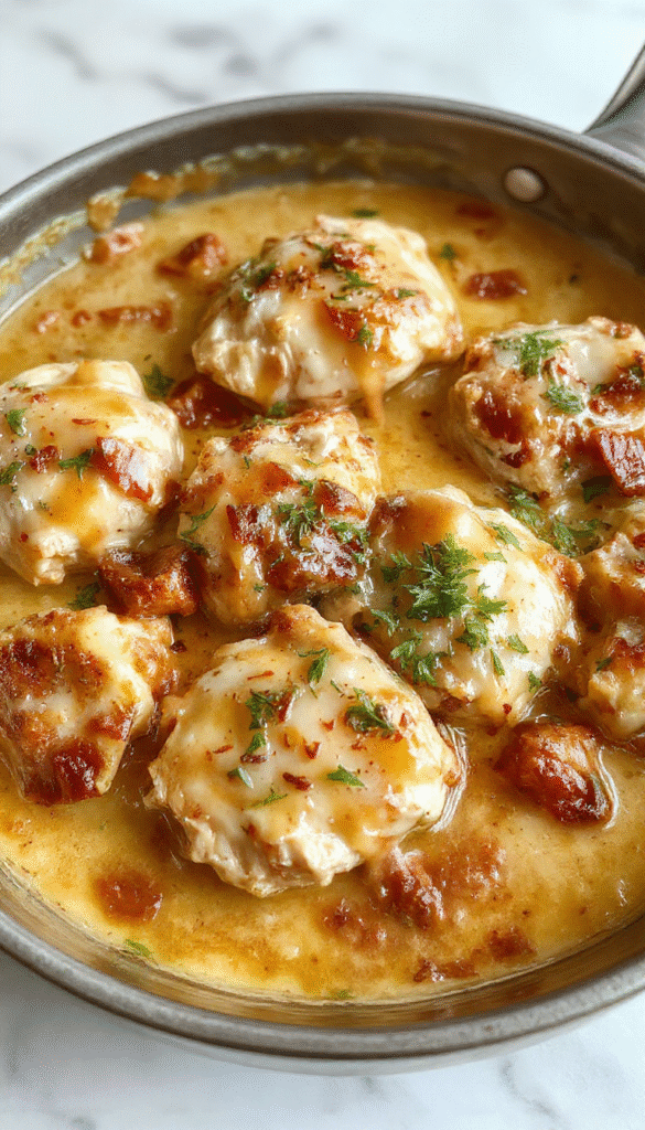 A rustic stovetop skillet filled with tender pieces of chicken smothered in rich, creamy gravy, garnished with fresh herbs. The dish is served with a side of mashed potatoes, and the gravy has a glossy, velvety texture. The scene showcases warm, inviting tones, with steam rising from the hot skillet, highlighting the comfort-food appeal.