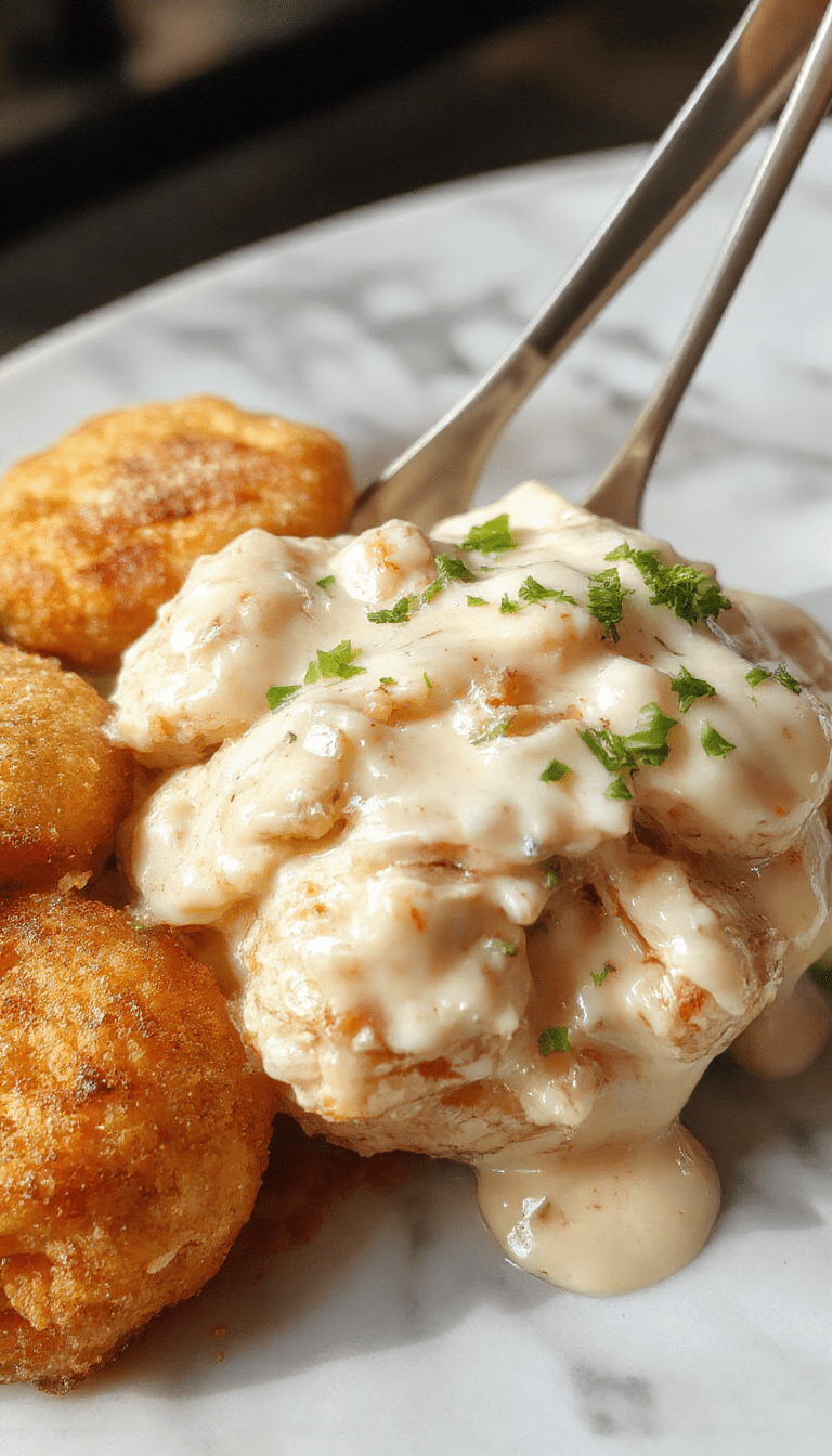 A close-up of a vibrant dish featuring tender chicken pieces coated in a silky, creamy coconut milk sauce, garnished with fresh herbs and served on a white plate with a colorful side of vegetables and rice, emphasizing rich textures and tropical flavors.