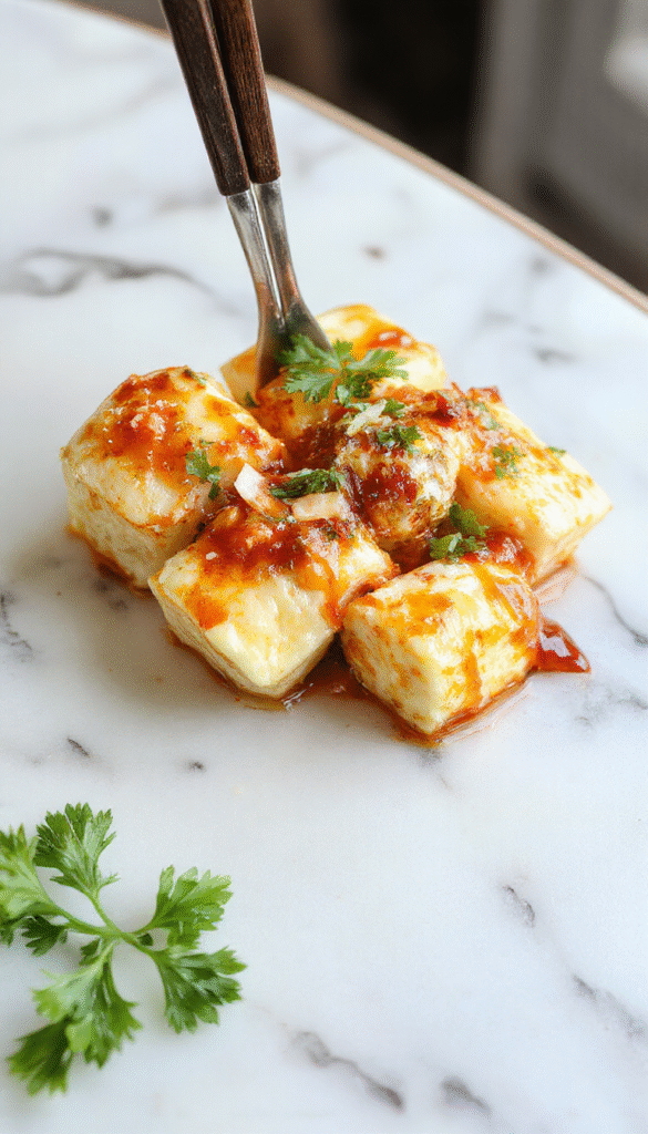 Vibrant plated spicy tofu glazed with a rich, creamy coconut sauce, garnished with fresh herbs on a rustic wooden table, highlighting the golden crispy tofu and smooth coconut sauce.