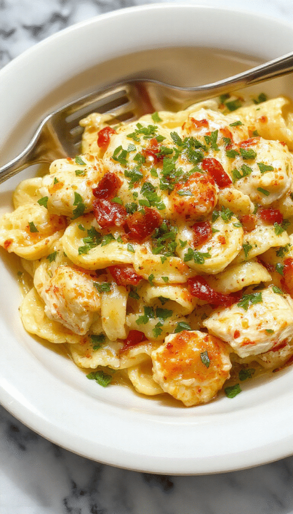A vibrant plate of creamy cowboy butter chicken linguine featuring golden-brown chicken pieces coated in rich, buttery sauce, garnished with fresh herbs and served with perfectly cooked al dente linguine on a rustic wooden table.