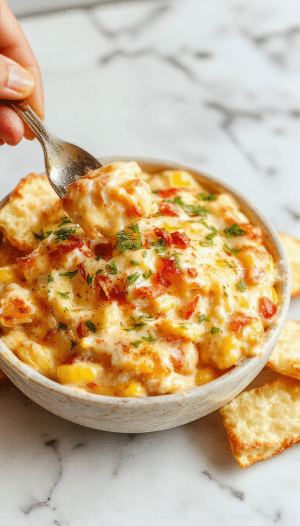 A vibrant bowl of crack corn dip topped with shredded cheese, chopped green onions, and a drizzle of sour cream, served with crispy tortilla chips and fresh vegetable sticks on a rustic wooden table, showcasing a colorful and inviting appetizer.
