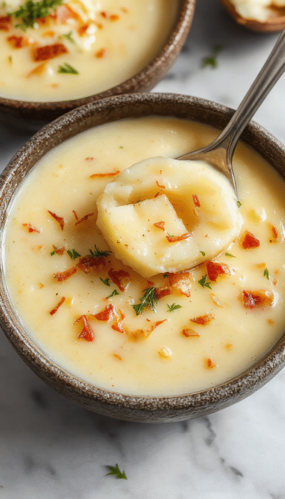 A bowl of creamy potato soup garnished with chopped green onions and crispy bacon pieces on a rustic wooden table, surrounded by fresh potatoes and herbs, with steam rising to highlight the warm, inviting texture.