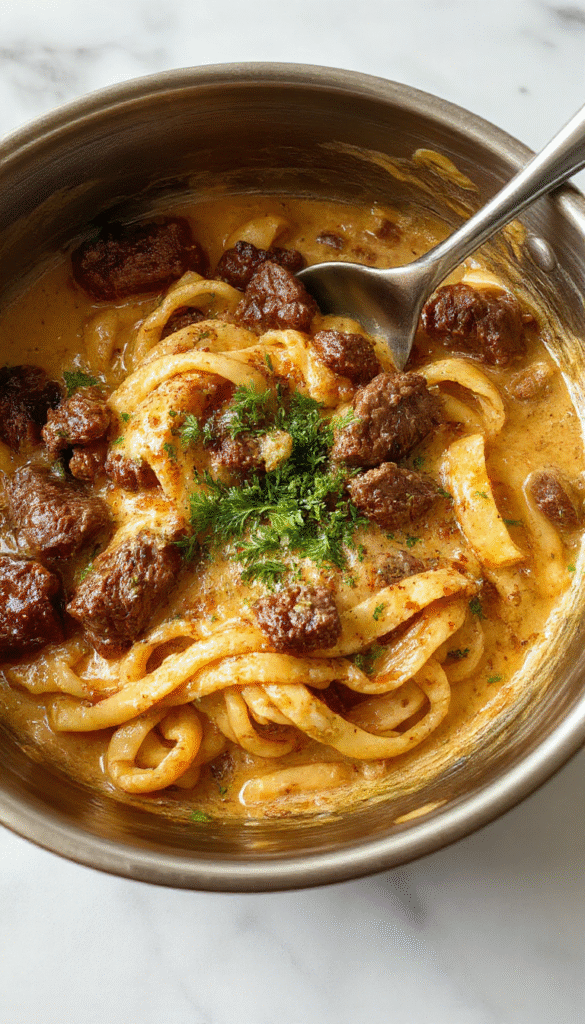 A vibrant plate of creamy beef and garlic butter pasta featuring tender slices of beef intertwined with al dente spaghetti, topped with golden garlic butter sauce, garnished with fresh parsley and grated Parmesan cheese, all presented on a rustic wooden table with a drizzle of sauce for an appetizing look.
