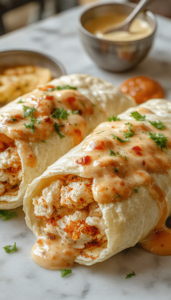 A vibrant image of cheesy garlic chicken wraps on a white plate, featuring golden-brown tortillas filled with tender chicken, melted cheese, and fresh herbs. The wraps are sliced open to reveal the savory stuffing inside, garnished with chopped parsley, with a side of fresh salad and a drizzle of garlic sauce. The background is rustic and inviting, emphasizing the delicious and hearty nature of the dish.