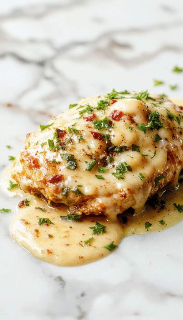 A close-up of a beautifully plated creamy garlic parmesan chicken on a white ceramic plate. The chicken is golden-brown and topped with a rich, creamy garlic sauce with visible flecks of herbs and grated parmesan. The background features fresh parsley, lemon wedges, and a rustic wooden table, highlighting the vibrant colors and textures of the dish.