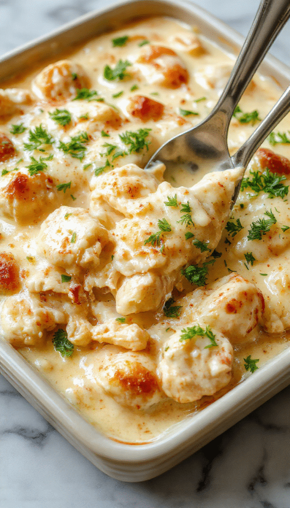 A savory chicken casserole in a white ceramic baking dish topped with melted golden cheese, garnished with fresh herbs, served on a rustic wooden table with a side of salad and crusty bread, vibrant and appetizing