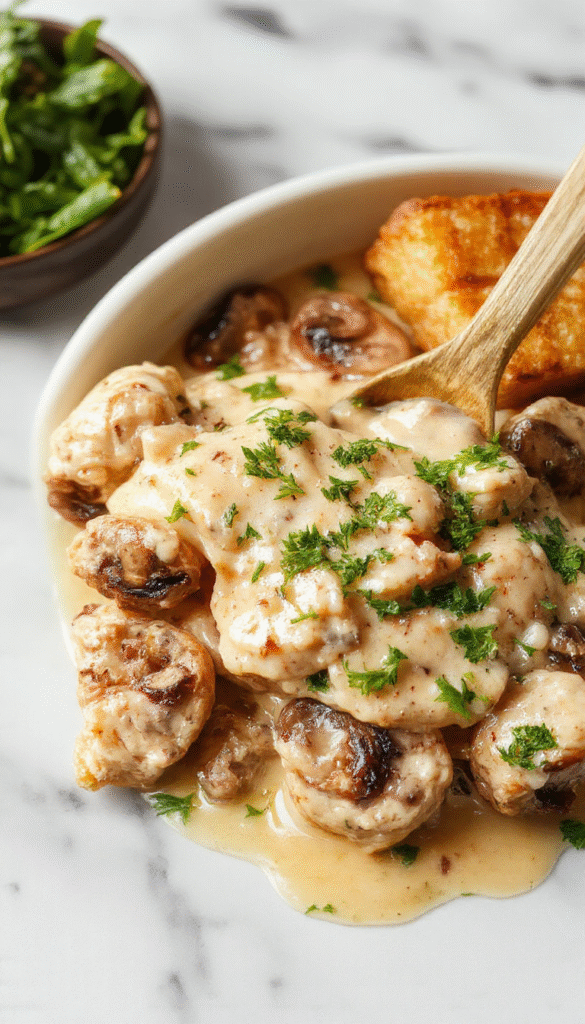 A close-up of a creamy mushroom chicken dish served on a white plate, featuring tender chicken breasts smothered in a rich, velvety mushroom sauce with sautéed mushroom slices and fresh herbs, garnished with chopped parsley.