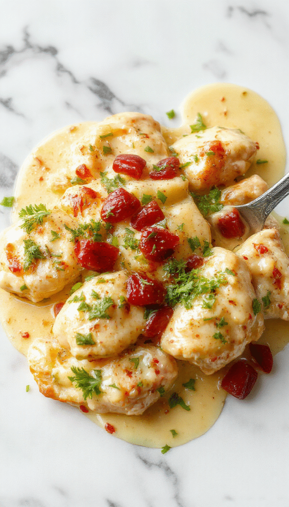 A vibrant skillet dish featuring tender chicken breasts smothered in a creamy sauce with sliced pepperoncini peppers on top. The dish is beautifully plated with a glossy, rich sauce, garnished with fresh herbs and served alongside colorful roasted vegetables, displaying a warm, inviting culinary presentation.