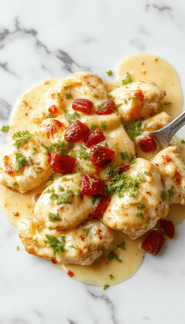 A vibrant skillet dish featuring tender chicken breasts smothered in a creamy sauce with sliced pepperoncini peppers on top. The dish is beautifully plated with a glossy, rich sauce, garnished with fresh herbs and served alongside colorful roasted vegetables, displaying a warm, inviting culinary presentation.