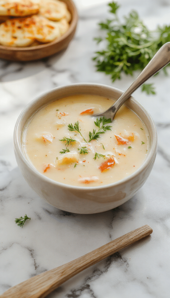 A steaming bowl of creamy potato soup garnished with chopped green herbs and a swirl of cream, served on a rustic wooden table with rustic country-style bowls and a warm, inviting atmosphere.