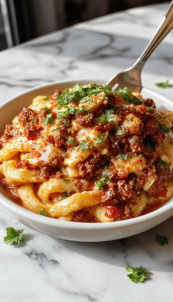 A close-up image of a creamy rotel pasta with ground beef served in a white bowl. The dish features a rich, cheesy sauce with visible chunks of ground beef and diced tomatoes, garnished with chopped fresh parsley. The pasta appears perfectly cooked, coated in a vibrant orange-red sauce with a glossy finish, accented with melted cheese and herbs, styled to look inviting and hearty.