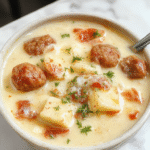 A steaming bowl of hearty sausage potato soup with chunks of golden-brown sausage, tender diced potatoes, and vibrant green herbs on top, served in a rustic white bowl against a cozy wooden table background.