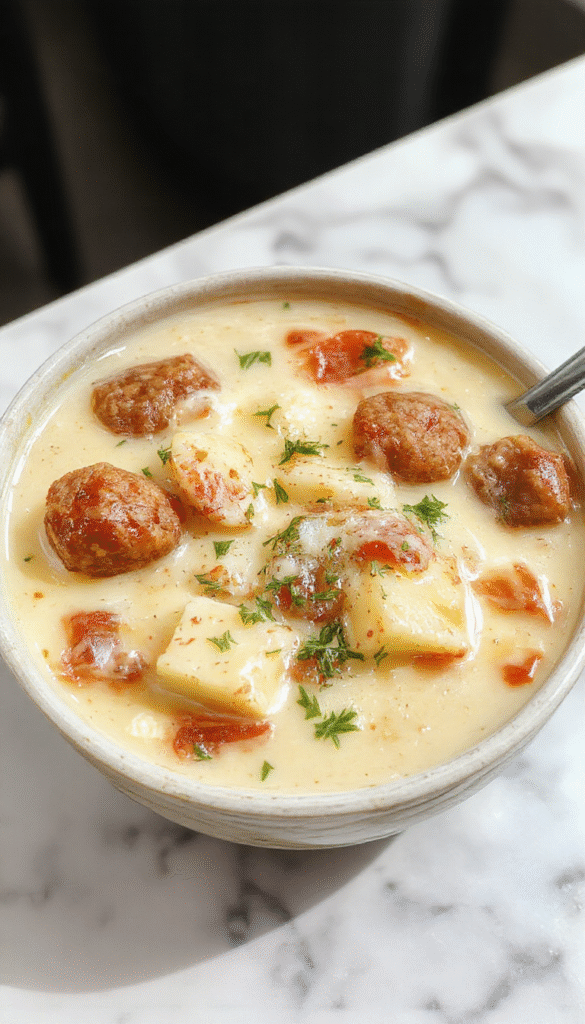 A steaming bowl of hearty sausage potato soup with chunks of golden-brown sausage, tender diced potatoes, and vibrant green herbs on top, served in a rustic white bowl against a cozy wooden table background.