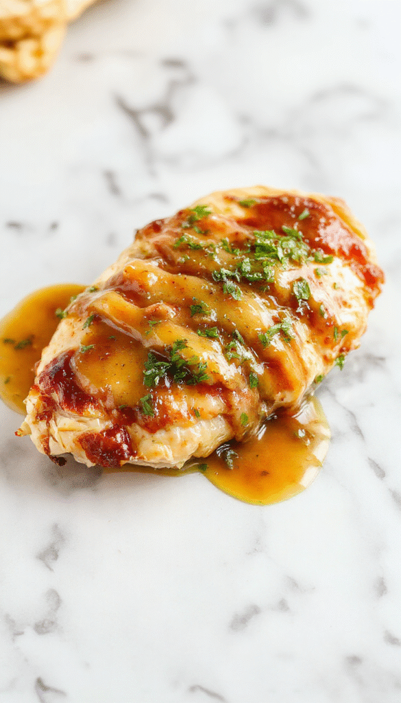 A plate featuring tender shredded chicken breast topped with a glossy, savory gravy. The dish is garnished with fresh herbs and served with steamed vegetables on a white ceramic plate, with a rustic wooden table background and warm lighting highlighting the rich textures and colors.