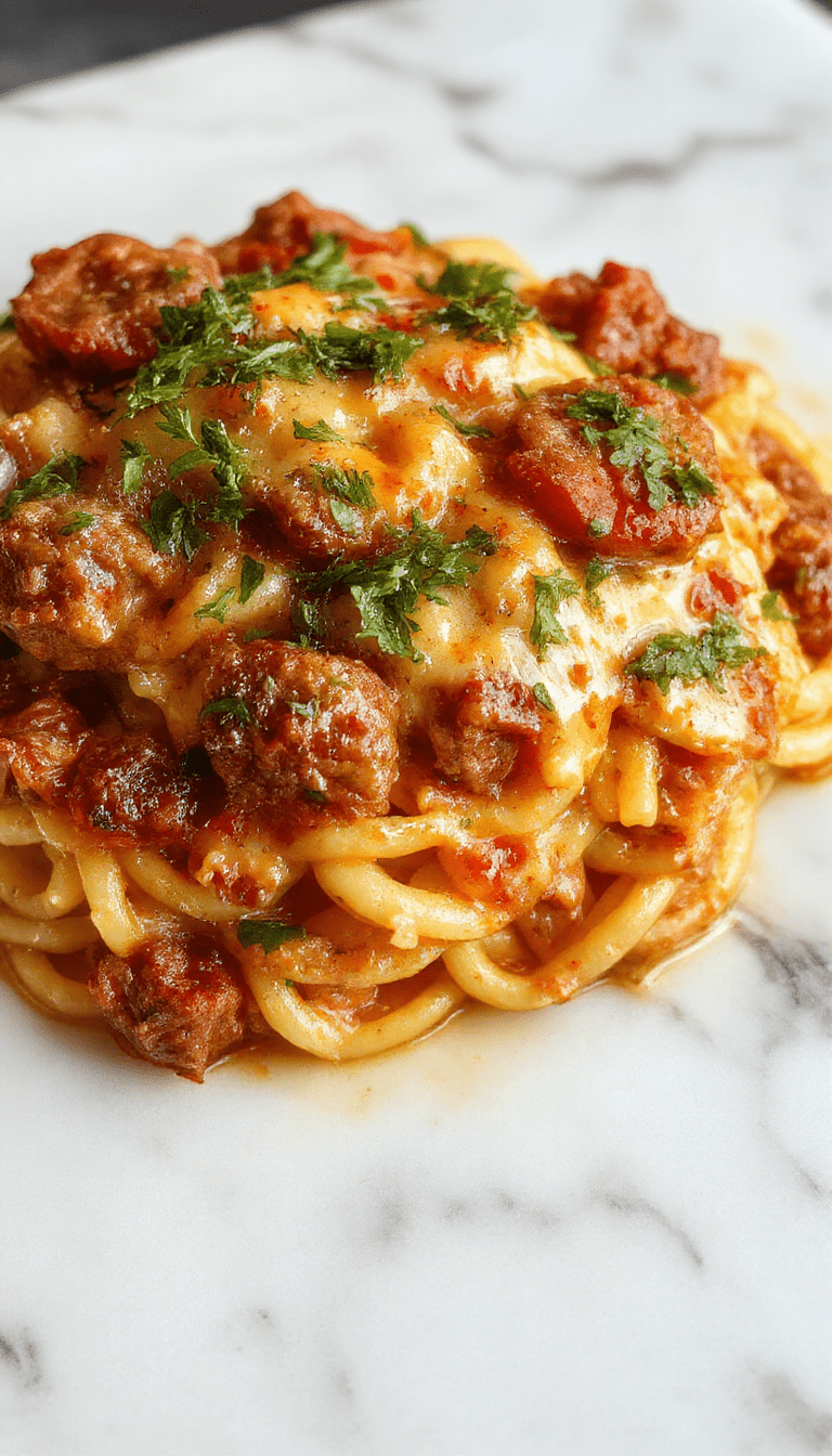 A vibrant plate of ground beef orzo with rich tomato cream sauce topped with fresh basil, served on a white ceramic dish. The dish features tender orzo pasta coated in a smooth, red tomato sauce with chunks of browned ground beef, garnished with green herbs. The background has a rustic wooden surface with subtle lighting emphasizing the creamy textures and vibrant colors of the meal.