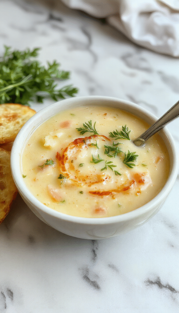 A steaming bowl of creamy potato soup garnished with chopped chives and shredded cheese, served in a rustic white bowl on a wooden table with fresh potatoes and herbs around, showcasing a rich, velvety texture and warm inviting colors.