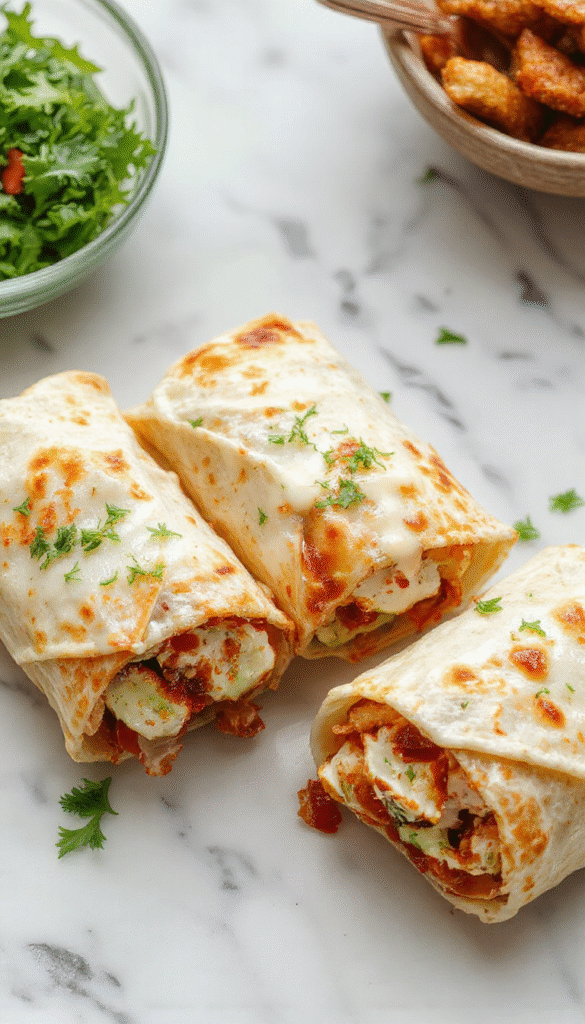 A vibrant plate featuring a crispy chicken bacon ranch wrap sliced open to reveal golden fried chicken, melted cheese, crispy bacon, fresh lettuce, and creamy ranch dressing, all rolled in a warm tortilla, styled on a rustic wooden board with garnishes of herbs and tomatoes.