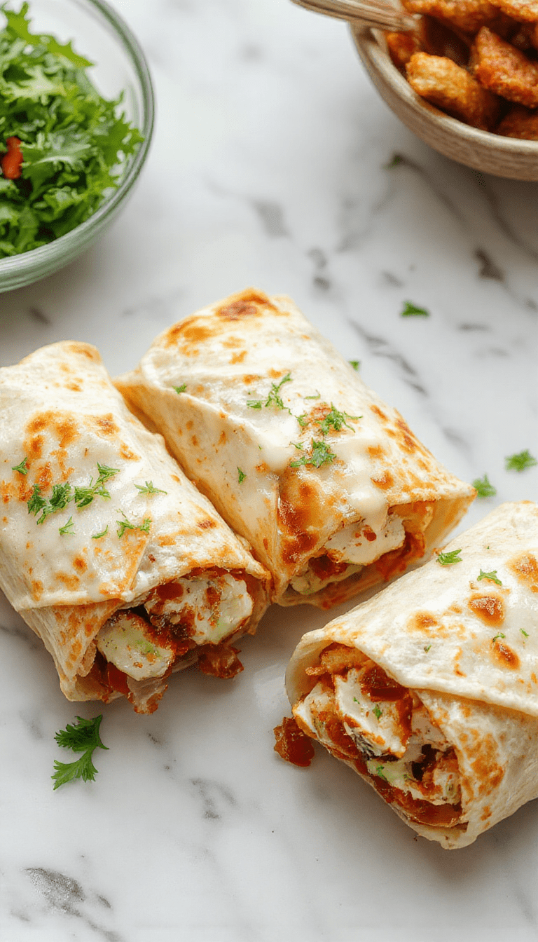 A vibrant plate featuring a crispy chicken bacon ranch wrap sliced open to reveal golden fried chicken, melted cheese, crispy bacon, fresh lettuce, and creamy ranch dressing, all rolled in a warm tortilla, styled on a rustic wooden board with garnishes of herbs and tomatoes.