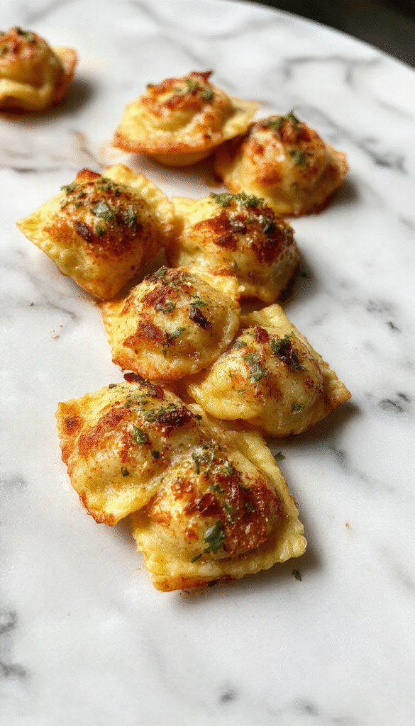 A close-up of golden-brown toasted ravioli arranged on a rustic wooden platter, garnished with fresh parsley. The ravioli have a crispy, breaded exterior and are served with a side of marinara sauce, showcasing their crispy texture and appealing presentation.