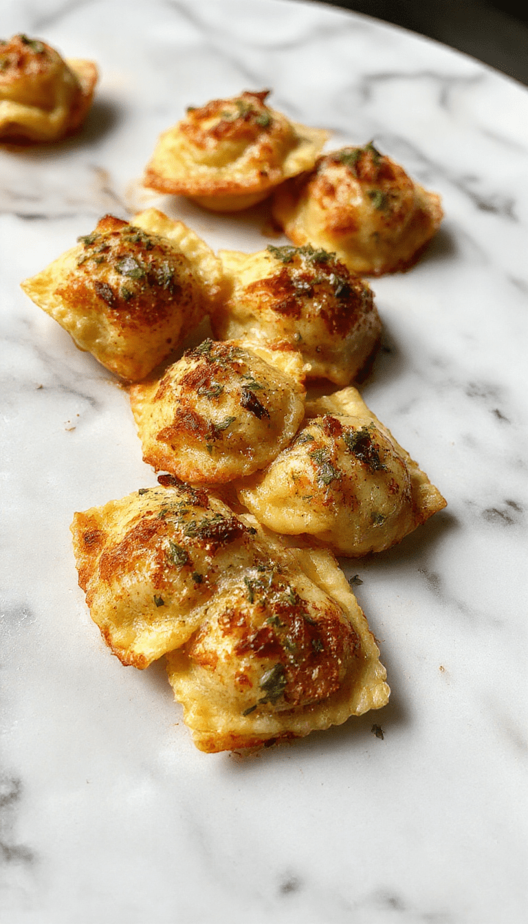 A close-up of golden-brown toasted ravioli arranged on a rustic wooden platter, garnished with fresh parsley. The ravioli have a crispy, breaded exterior and are served with a side of marinara sauce, showcasing their crispy texture and appealing presentation.