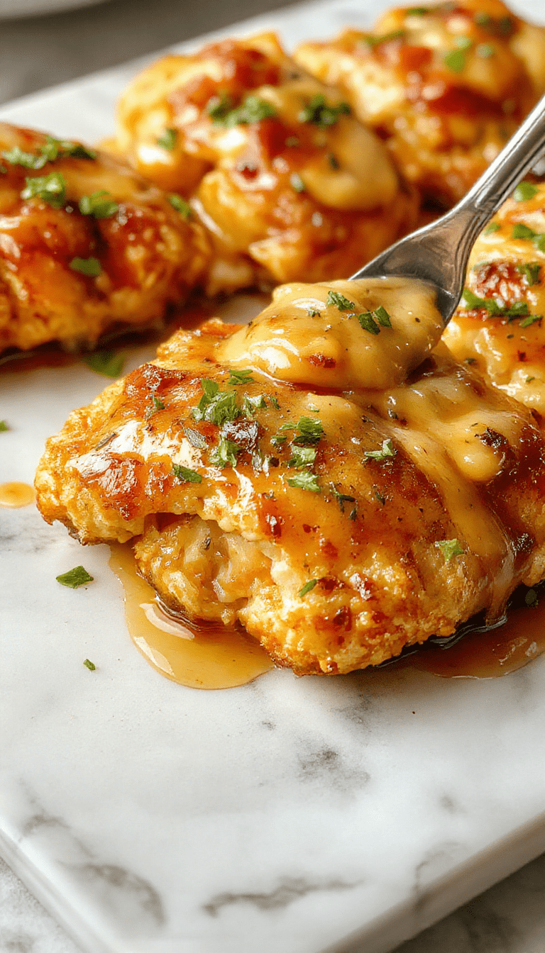 A golden-brown, crispy baked chicken topped with a drizzle of glossy hot honey sauce, garnished with sesame seeds and green scallions on a rustic wooden platter.