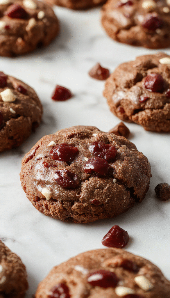 A close-up of rich chocolate cherry cookies on a rustic wooden platter, featuring dark glossy chocolate drizzles, vibrant red cherries, and a dusting of powdered sugar, styled with fresh cherries and chocolate shavings.