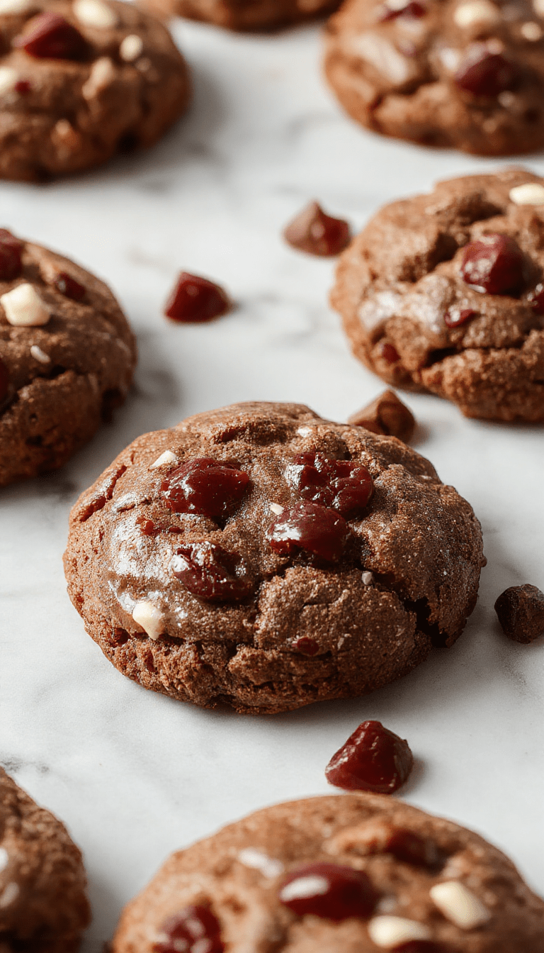 A close-up of rich chocolate cherry cookies on a rustic wooden platter, featuring dark glossy chocolate drizzles, vibrant red cherries, and a dusting of powdered sugar, styled with fresh cherries and chocolate shavings.