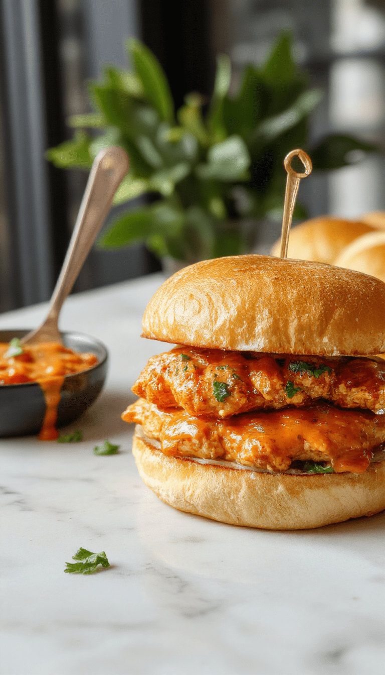 A close-up of golden-brown sliders with shredded buffalo chicken topped with melted cheese and fresh green celery, served on a white platter with a side of dipping sauce, vibrant red buffalo sauce visible on the chicken, and garnished with chopped green herbs, styled with rustic wooden background and natural lighting