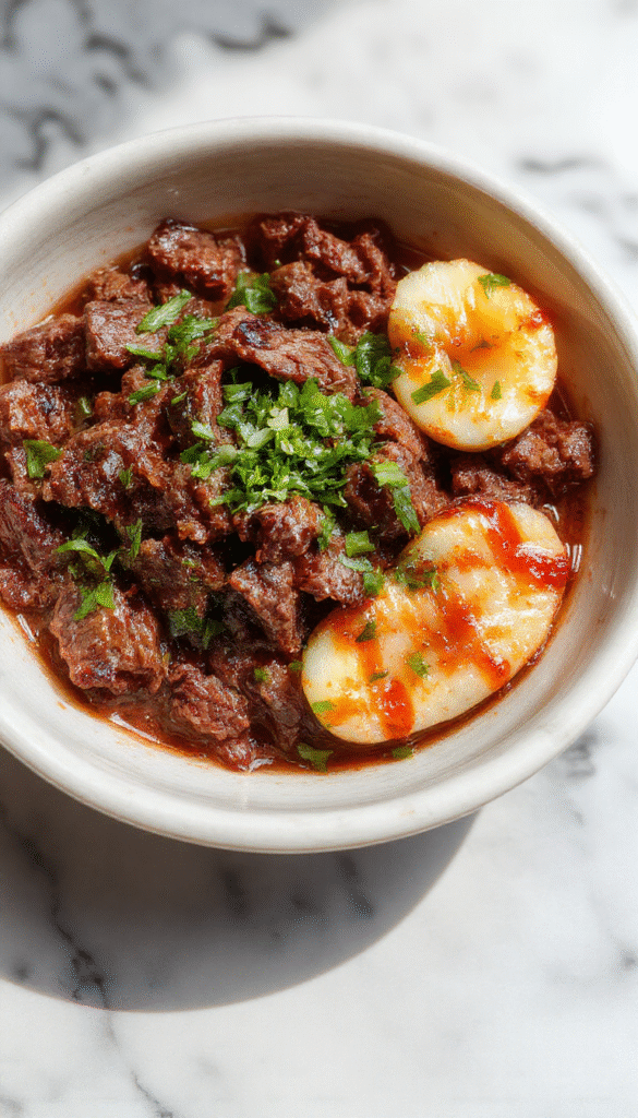 A vibrant Korean ground beef bowl featuring richly seasoned ground beef placed over steamed white rice, garnished with chopped green onions, shredded carrots, and sesame seeds. The dish is presented on a rustic wooden plate with colorful vegetables and a drizzle of sauce, showcasing textures from tender beef to crunchy vegetables and fluffy rice, styled with a modern minimalistic backdrop.