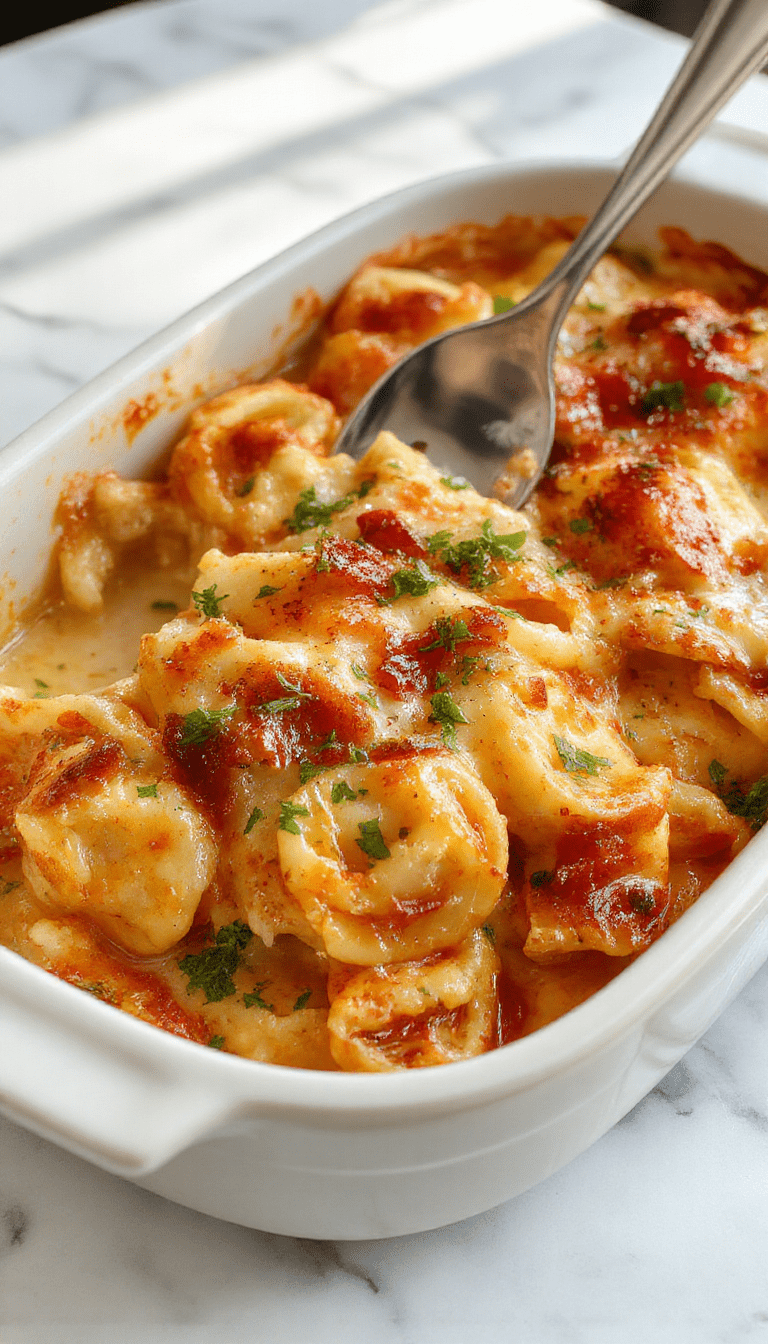 A vibrant plate of baked tortellini casserole features golden brown cheese-topped tortellini nestled in a white ceramic dish. The tortellini are plump, coated in rich sauce, with a crispy cheese crust. Surrounding the dish are fresh herbs and cherry tomatoes, highlighting the Italian flavors. The background is softly blurred, emphasizing the cheesy, comforting appeal of this savory baked pasta dish.