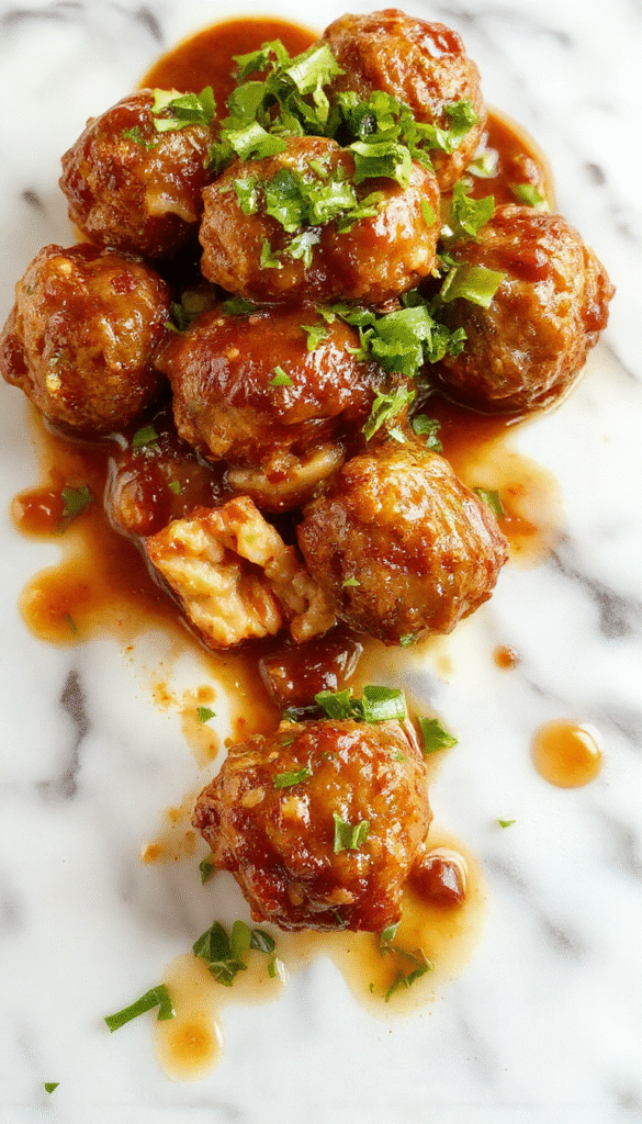 A close-up of glossy, golden-brown Mongolian meatballs arranged on a white plate, coated in a rich, dark savory sauce, garnished with chopped green onions and sesame seeds, with a background of a rustic wooden table and fresh green herbs.