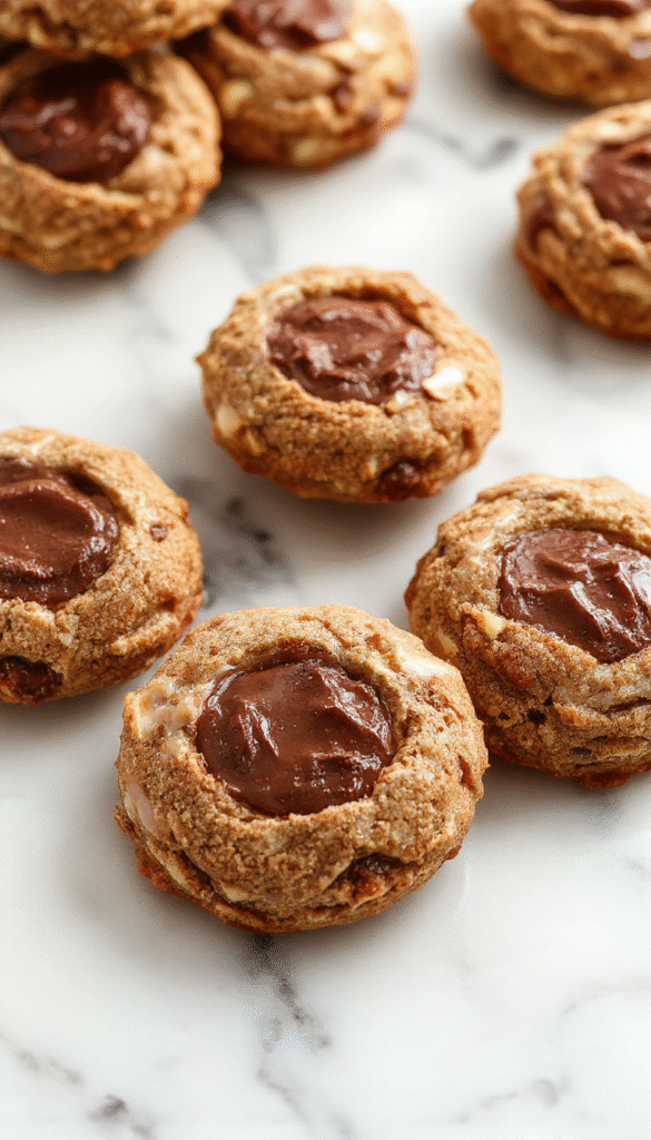 A close-up of Nutella Linzer Cookies arranged on a white plate. The cookies have a golden-brown crust with a heart-shaped cutout in the top cookie revealing a rich Nutella filling. The surface texture is crisp with a slight sheen of glaze, decorated with a light dusting of powdered sugar. The cookies are styled elegantly with a blurred background, highlighting their sweet and inviting appearance.