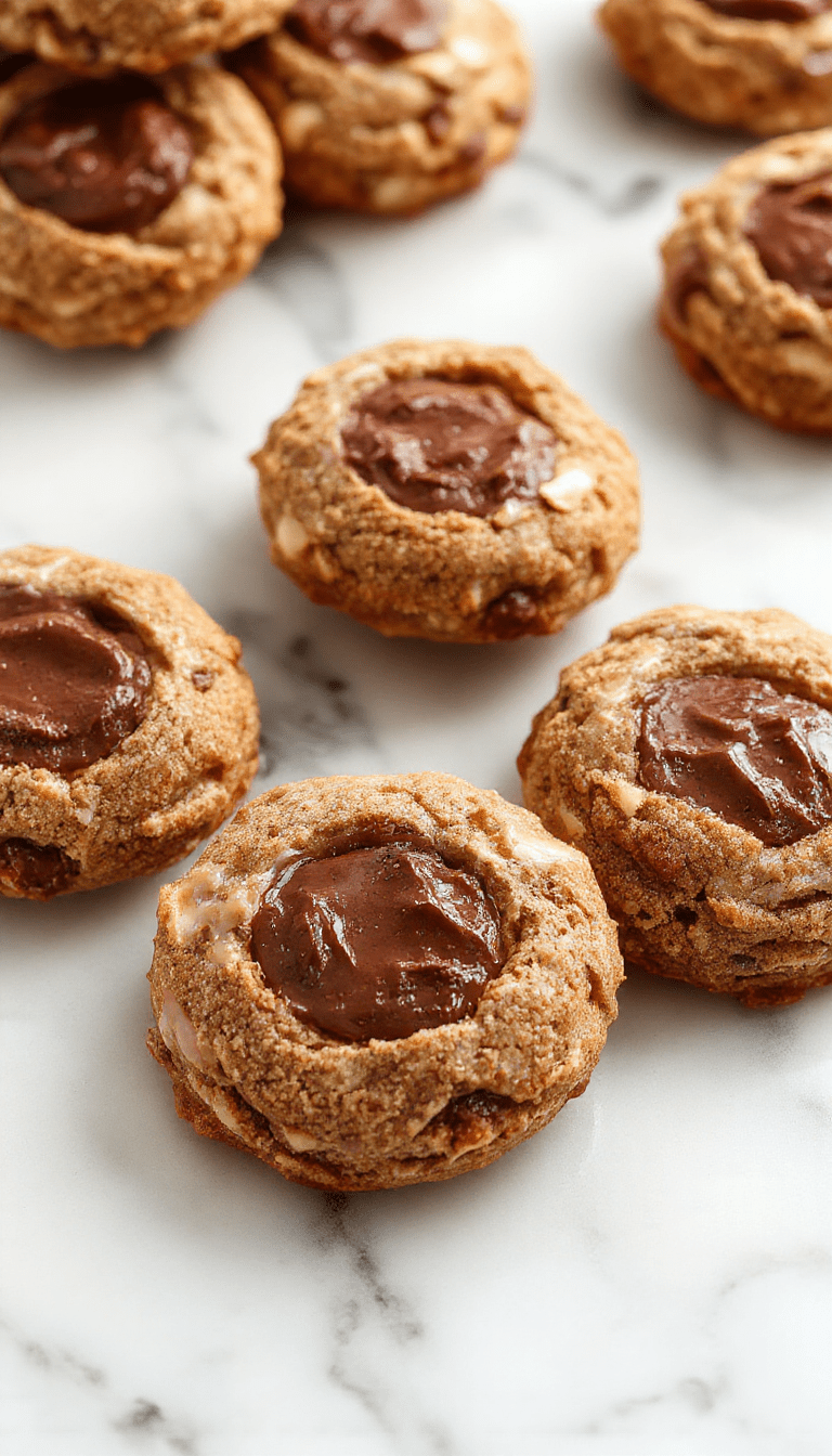 A close-up of Nutella Linzer Cookies arranged on a white plate. The cookies have a golden-brown crust with a heart-shaped cutout in the top cookie revealing a rich Nutella filling. The surface texture is crisp with a slight sheen of glaze, decorated with a light dusting of powdered sugar. The cookies are styled elegantly with a blurred background, highlighting their sweet and inviting appearance.